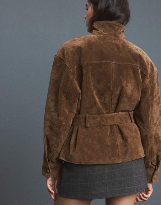 Stradivarius Leather high neck trench coat with belt in brown, 3 of 7