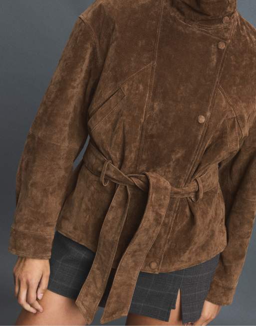 Stradivarius Leather high neck trench coat with belt in brown, 4 of 7