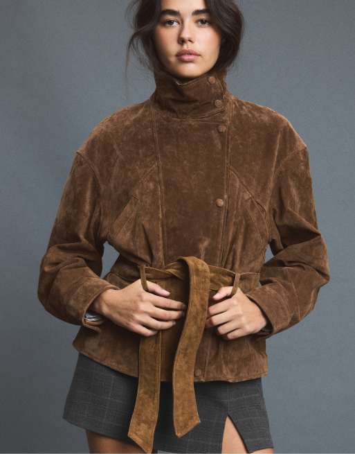 Stradivarius Leather high neck trench coat with belt in brown, 5 of 7