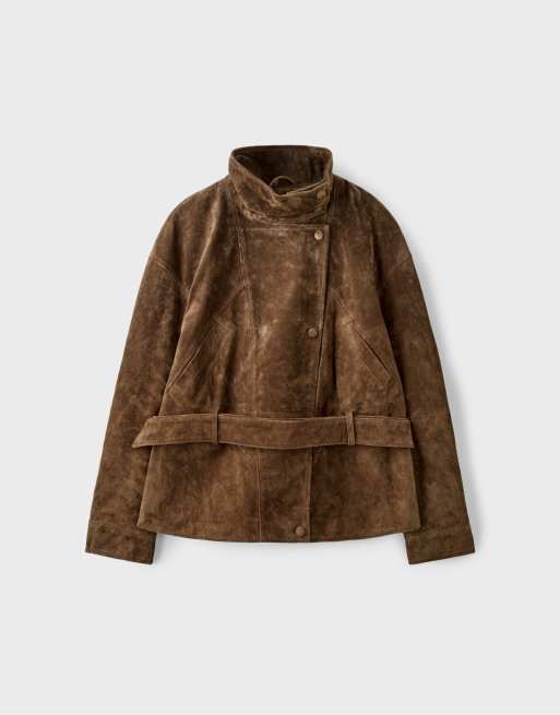 Stradivarius Leather high neck trench coat with belt in brown, 6 of 7