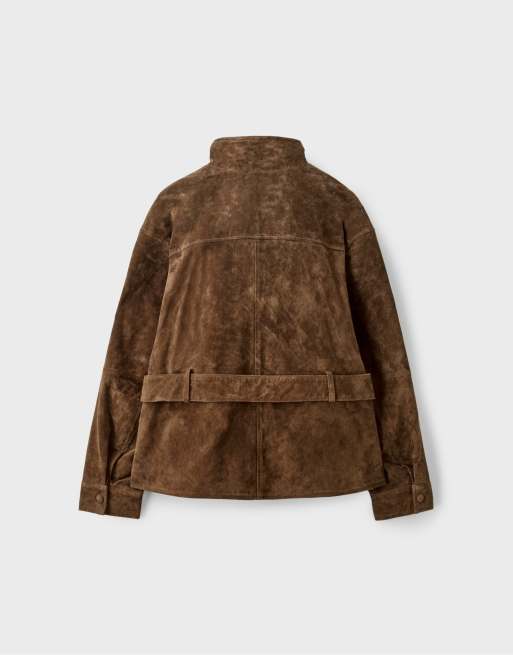 Stradivarius Leather high neck trench coat with belt in brown, 7 of 7