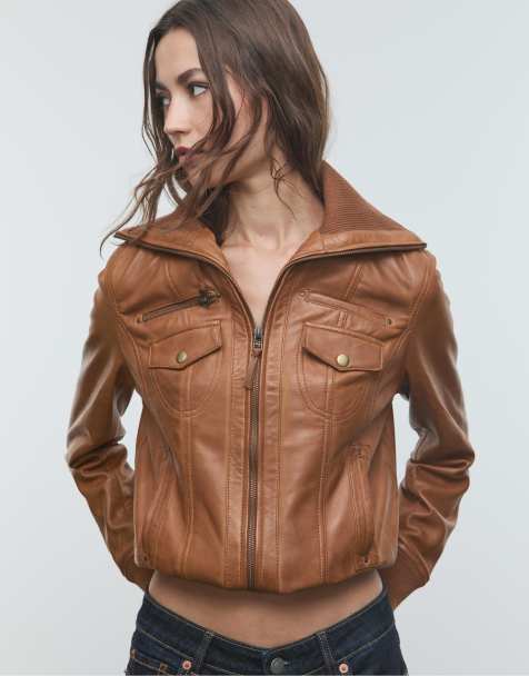 Stradivarius Leather jacket with contrast ribbing in pale camel - view 1