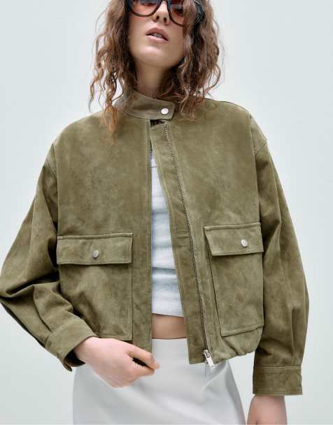 Stradivarius Leather jacket with pockets in khaki - view 1