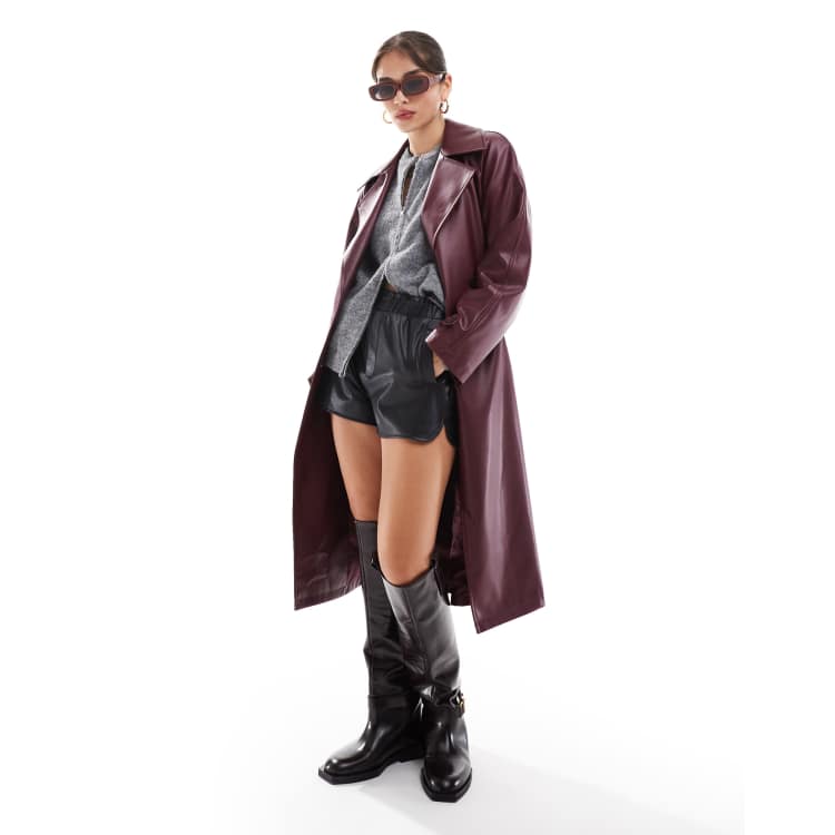 Stradivarius leather look trench coat in burgundy ASOS