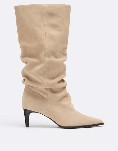 Stradivarius Leather slouchy heeled boots in beige - view 1