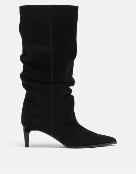 Stradivarius Leather slouchy heeled boots in black - view 1