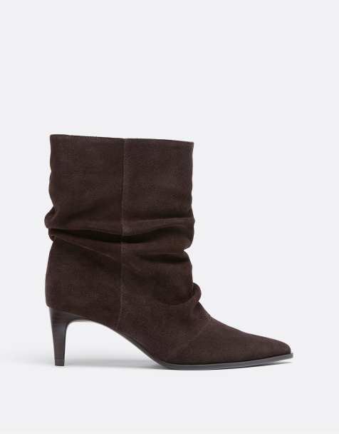 Stradivarius Leather slouchy stiletto ankle boots in brown - view 1