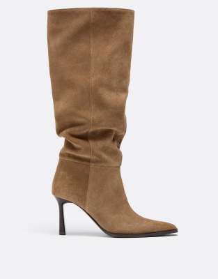  Leather slouchy stiletto heel high boots in beige