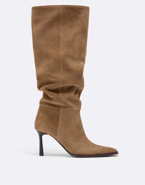 Stradivarius Leather slouchy stiletto heel high boots in beige - view 1