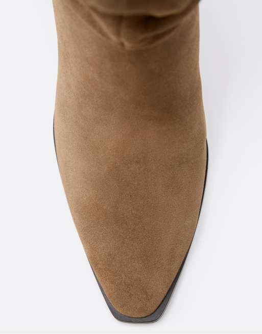 Stradivarius Leather slouchy stiletto heel high boots in beige, 2 of 4
