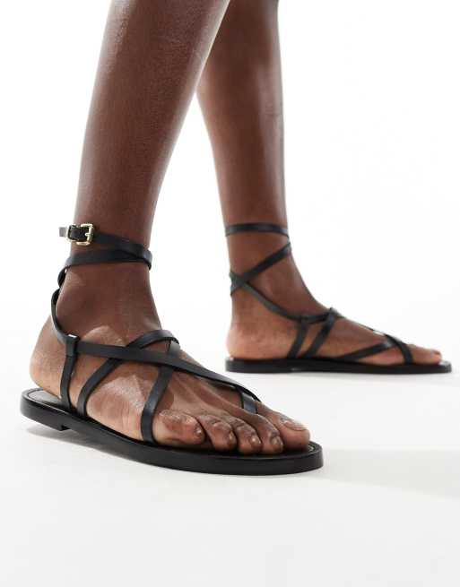 Stradivarius leather strappy sandal in black 