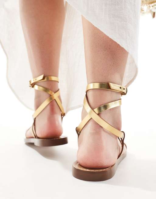 Stradivarius leather strappy sandals in gold ASOS