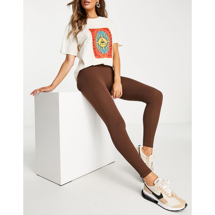 Stradivarius - Leggings marrone cioccolato a coste senza cuciture