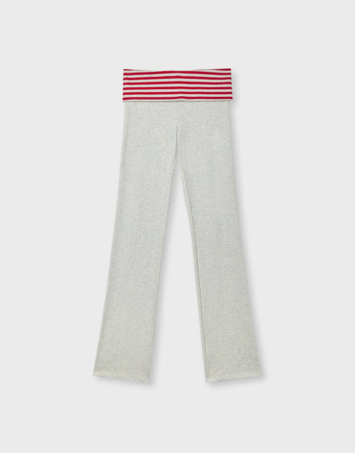 Stradivarius leggings med nedvikt midja och utsvängda ben i gråmelerad, 6 av 7