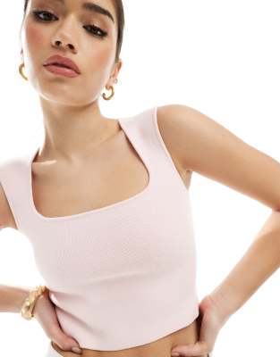Stradivarius - Leichtes Strickoberteil in Rosa mit eckigem Ausschnitt