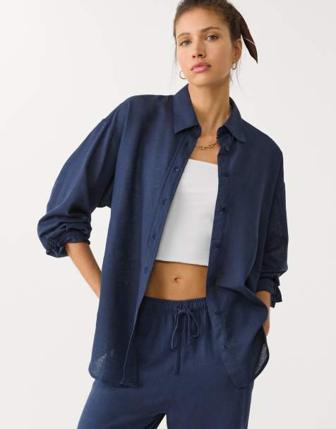 Stradivarius – Leinenmix-Hemd in Marineblau - view 1