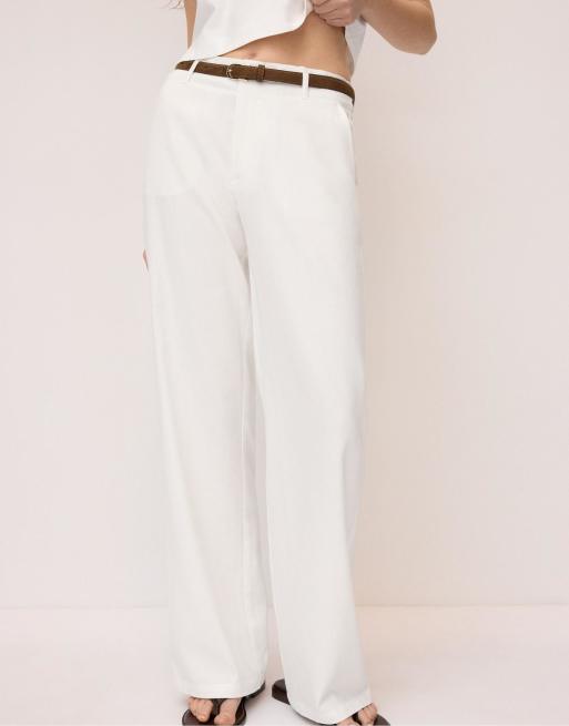 Stradivarius – Leinenmix-Hose in Ecru mit geradem Bein und Gürtel, 2 von 4
