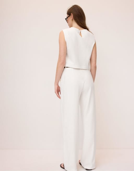 Stradivarius – Leinenmix-Hose in Ecru mit geradem Bein und Gürtel, 3 von 4