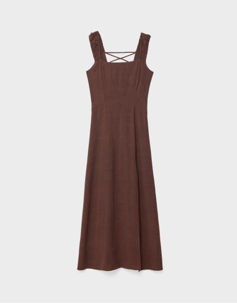 Stradivarius – Leinenmix-Maxikleid in Braun mit überkreuztem Design am Rücken - view 1
