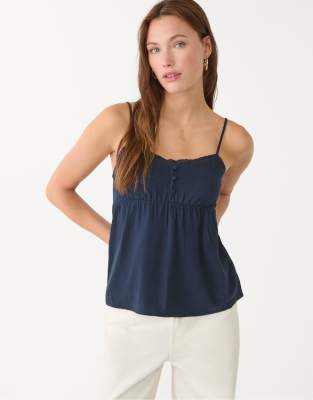 Stradivarius - Leinenmix-Oberteil in Marineblau mit Riemchenträgern