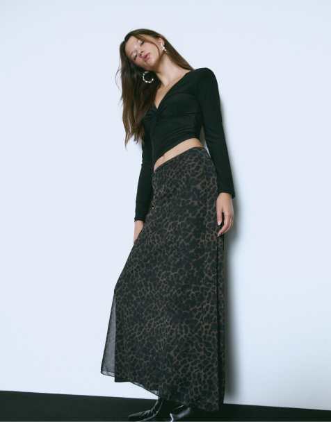Stradivarius Leopard print tulle midi skirt in brown