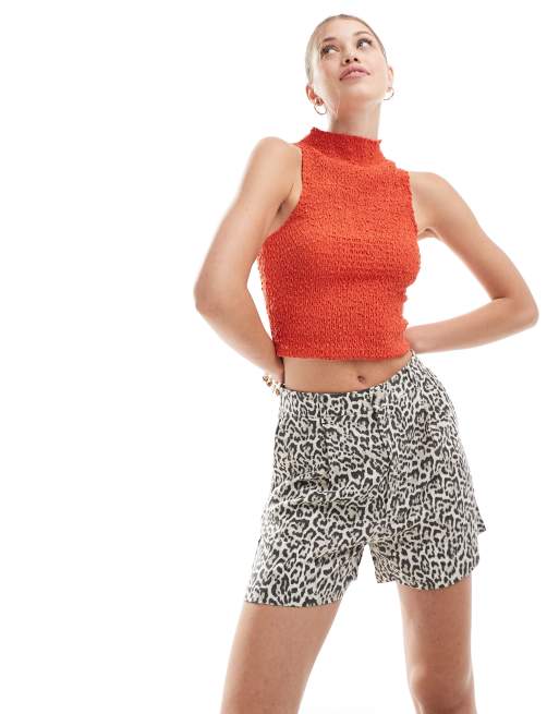 Stradivarius – Leopardmönstrade shorts Skinny i linnemix med dra på-design