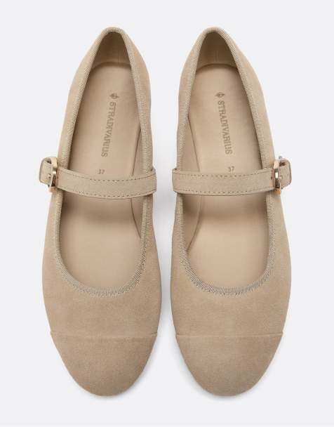 Stradivarius - Leren ballerina's met teenstuk in beige - view 1