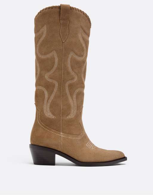 Stradivarius - Leren cowboylaarzen met hak in beige, 5 van 6
