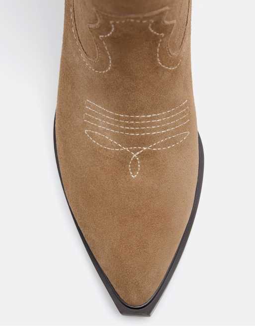Stradivarius - Leren cowboylaarzen met hak in beige, 6 van 6