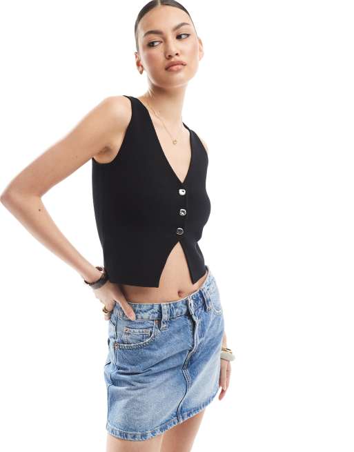 Stradivarius - Licht gebreide top met knoopdetail in zwart