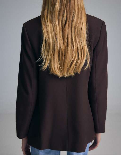 Stradivarius lige blazer med knapper i brun, 3 af 7