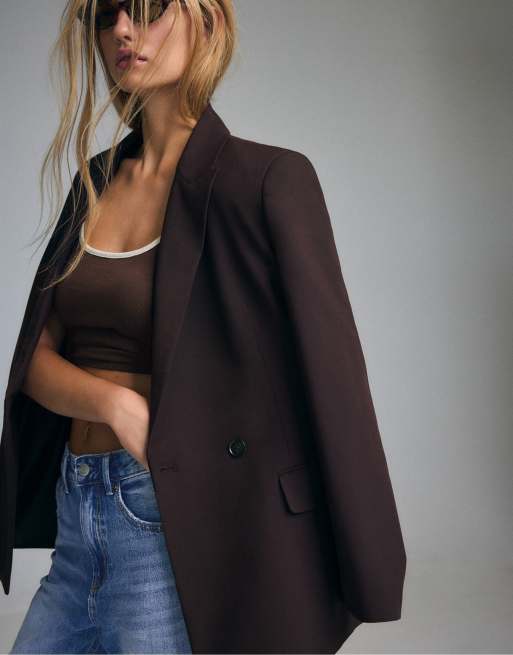 Stradivarius lige blazer med knapper i brun, 5 af 7