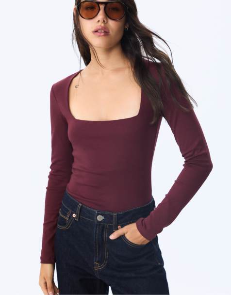 Stradivarius – Lila, enkel t-shirt med fyrkantig ringning - view 1