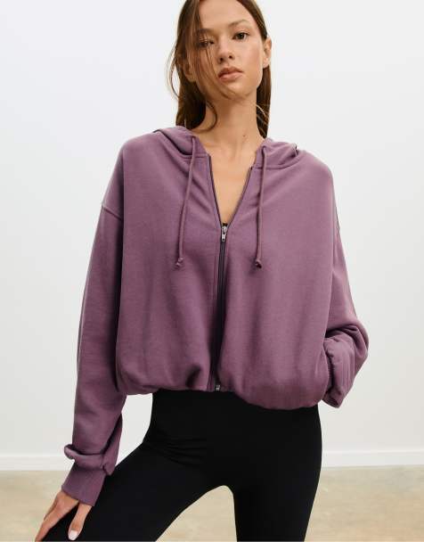 Stradivarius – Lila sweatshirt med puffärmar och huva - view 1