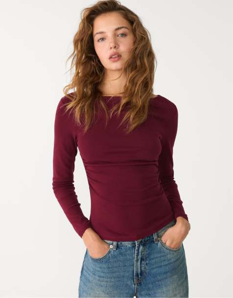 Stradivarius – Lila t-shirt med långa ärmar och rynkning - view 1