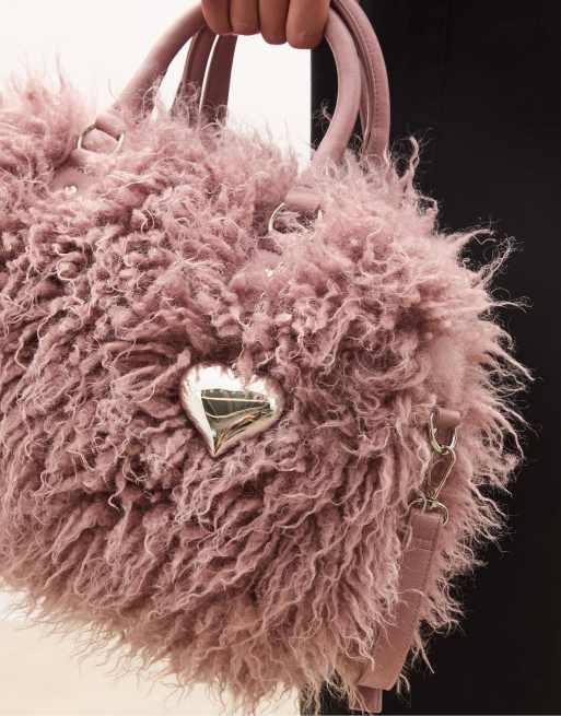 Stradivarius – Lilarosa bowlingväska i fuskpäls med hjärta, 2 av 4