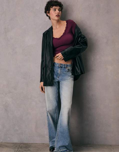 Stradivarius - Lilla sømløs overdel med blonder - view 1