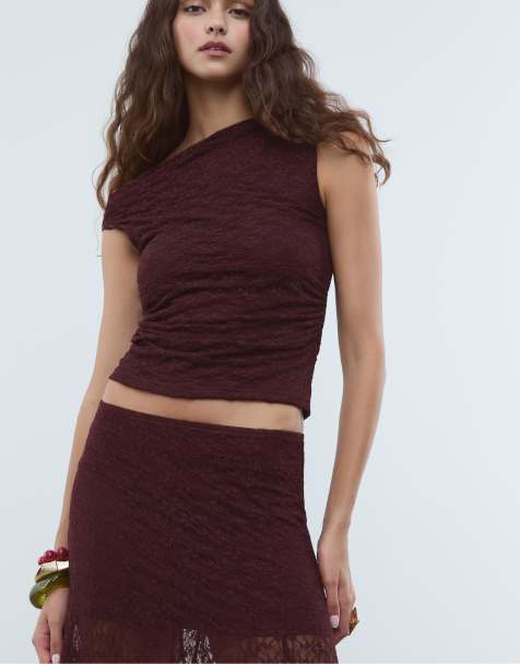 Stradivarius - Lilla top i blondemateriale med asymmetrisk snit - view 1