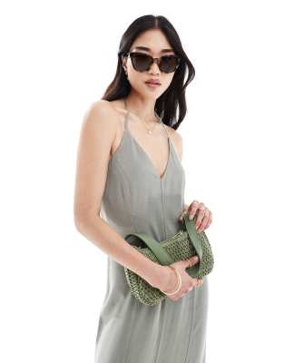 Stradivarius Linen Blend Cami Maxi Dress In Washed Khaki-green