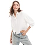 [Stradivarius] Stradivarius linen blend cropped shirt in white L WHITE