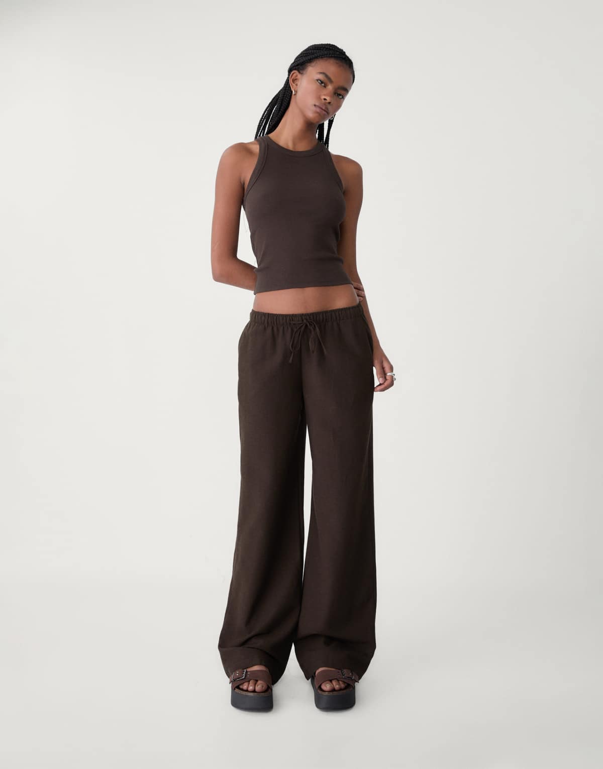 Stradivarius linen blend drawstring trousers in brown