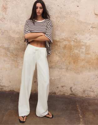 Stradivarius linen blend drawstring trousers in white 