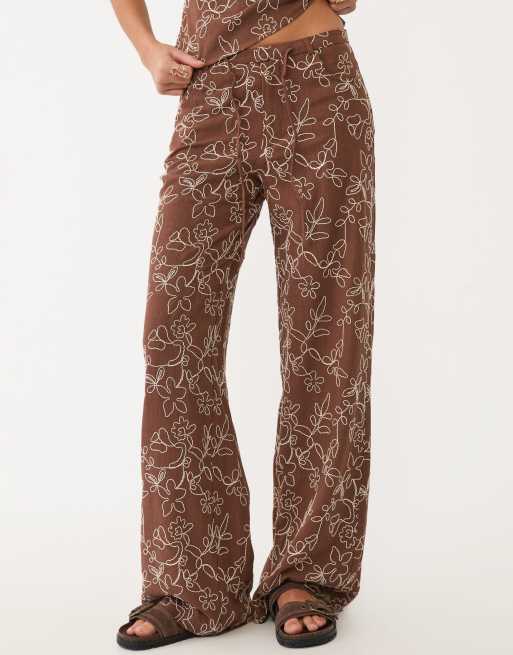 Stradivarius linen blend embroidered straight leg trousers in brown