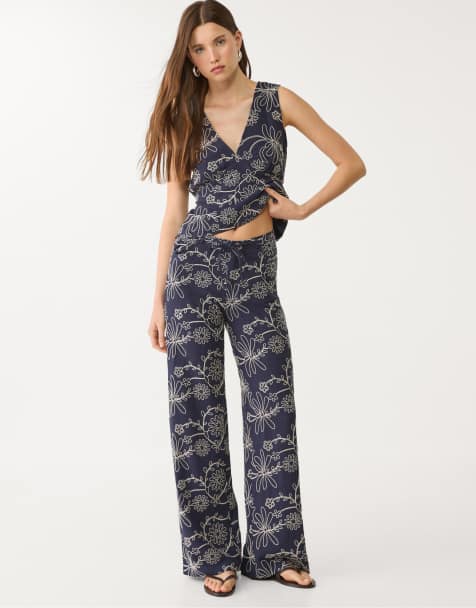 Stradivarius linen blend embroidered straight leg trousers in navy blue