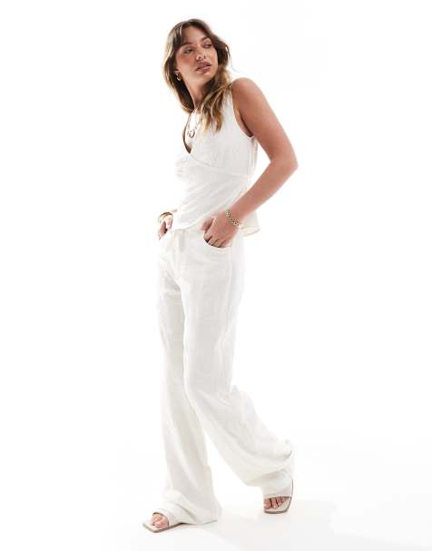 Stradivarius Linen blend embroidered straight-leg trousers in stone