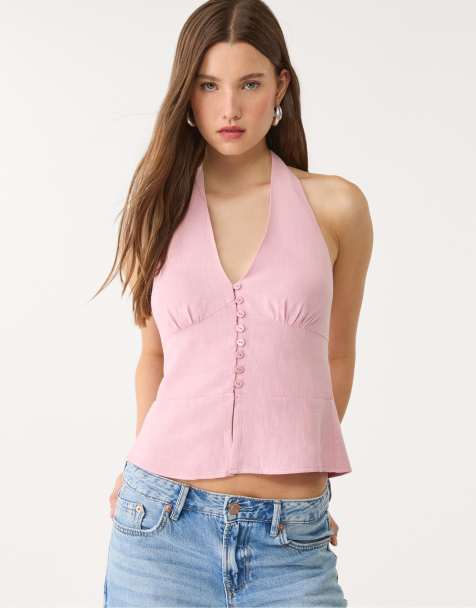 Stradivarius Linen blend halter top with buttons in pastel pink - view 1