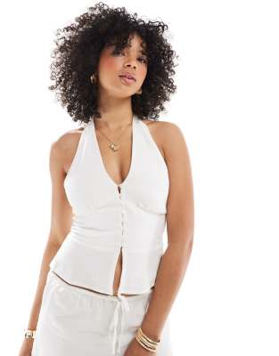 Stradivarius linen blend halter top with buttons in white - view 1
