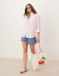 [Stradivarius] Stradivarius linen blend long sleeve shirt in pink XS PINK