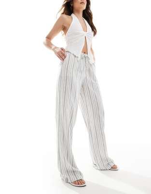 linen blend pull on crinkle pants in stripe-Multi