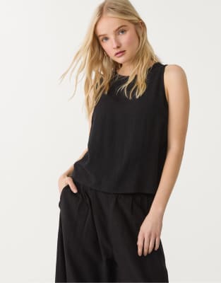 Stradivarius linen blend racerback top in black - view 1